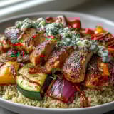 Golden roasted zucchini, bell peppers, and red onion accompany sliced paprika herb chicken over fluffy quinoa, drizzled with rose harissa in a vibrant bowl.