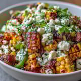 Colorful Mexican Street Corn Salad featuring fresh cilantro, red bell pepper, and tangy lime dressing for a refreshing side dish.  