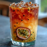 Gorgeous passionfruit orange mocktail showcasing a stunning sunrise effect with juicy layers.