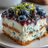 Lemon Blueberry Icebox Cake: Creamy lemon filling, vibrant blueberries, and soft crackers chilled.