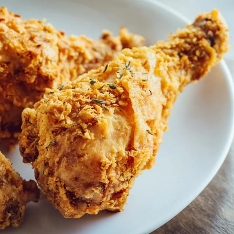 Crunchy Fried Chicken is served beside creamy coleslaw and biscuits on a rustic dinner table.