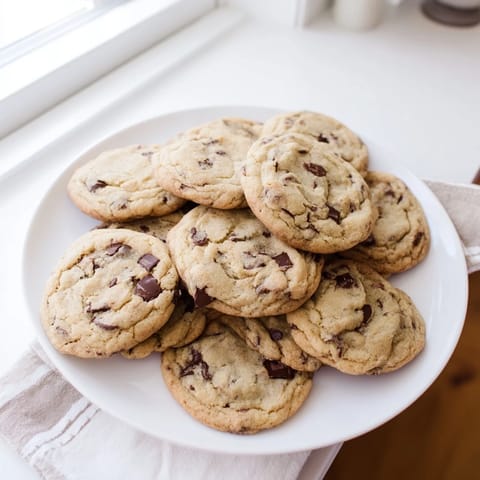 Freshly baked Chocolate Chip Cookies are stacked on a plate next to a cold glass of milk.