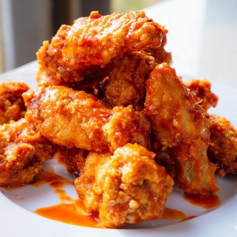 Crispy fried Buffalo Wings tossed in tangy sauce, with celery sticks and blue cheese dip on the side.