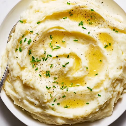 A serving spoon dips into buttery Mashed Potatoes, ready to accompany a roasted dinner.
