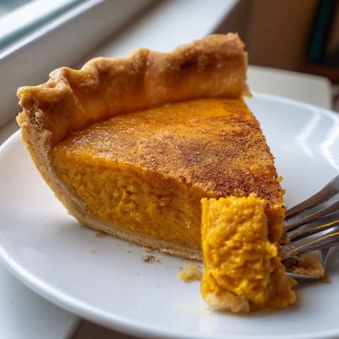 Freshly baked Pumpkin Pie with a golden-brown, flaky crust and a perfectly set, spiced custard filling, ready to slice.