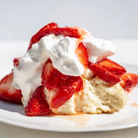 A fork rests beside a ready-to-eat Strawberry Shortcake layered with ripe berries and fluffy whipped cream.