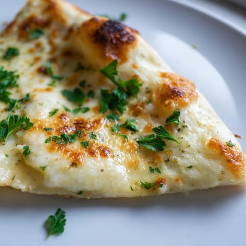 A freshly baked Creamy Garlic White Pizza topped with fresh parsley and brushed with olive oil, ready to slice.  
