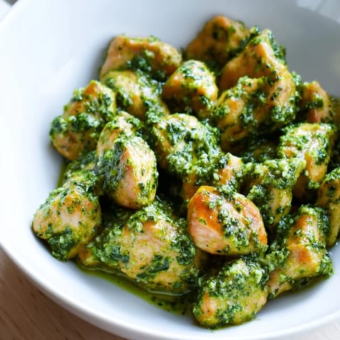 Golden-brown pesto chicken chunks glisten over warm rice, topped with vibrant diced tomatoes and fresh basil leaves in this hearty Chicken Pesto Rice Bowl.  