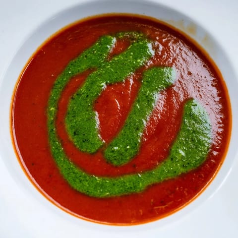 Tomato Soup with Basil Pesto Swirl ladled into a white bowl, the bright green pesto ribbon contrasting with the velvety red soup.