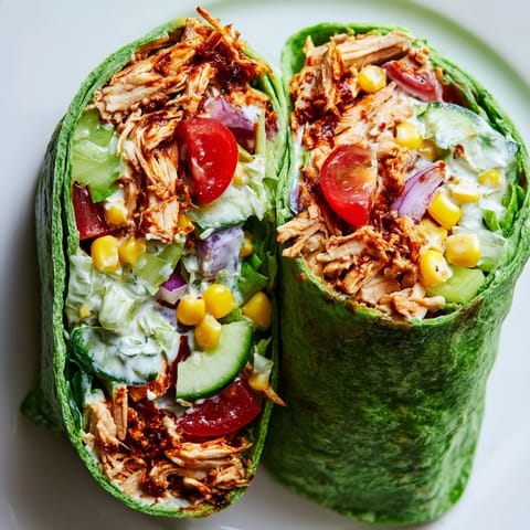 Grilled BBQ chicken salad with crisp romaine, corn, and cherry tomatoes stuffed into a fresh spinach tortilla wrap.  