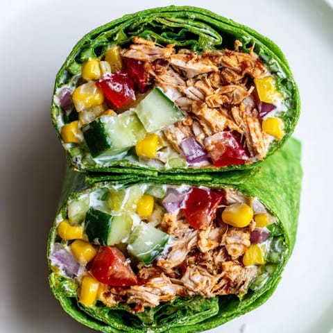 A close-up of a sliced BBQ chicken salad wrap, revealing vibrant vegetables and creamy dressing on a wooden board.  