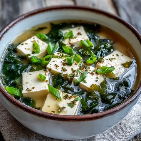 Savory miso soup with tofu showing silky cubes floating in broth.