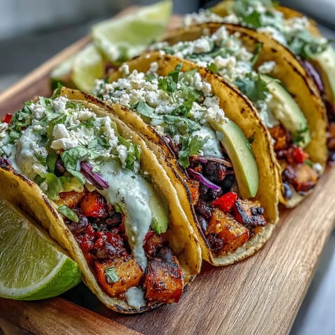 Hearty vegan tacos with sweet potato and black beans, perfect for lunch.