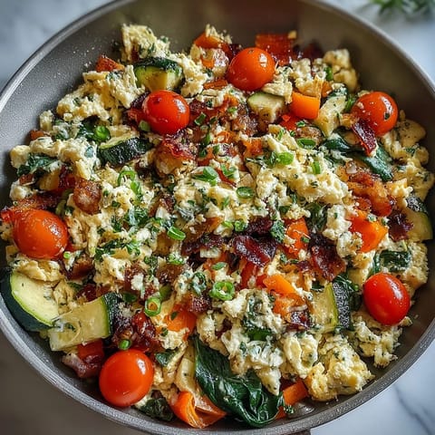 Fluffy Egg and Vegetable Scramble, a healthy, quick meal served steaming hot with fresh herbs.