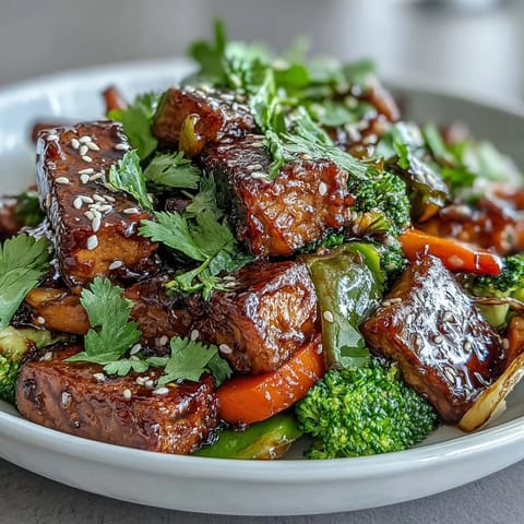 Golden tempeh cubes tossed with crisp vegetables in a delicious stir-fry.