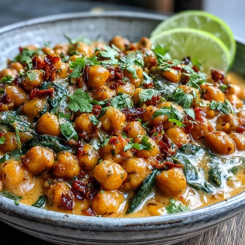 Vibrant, spiced Chickpea Curry in a rich sauce topped with fresh lime.