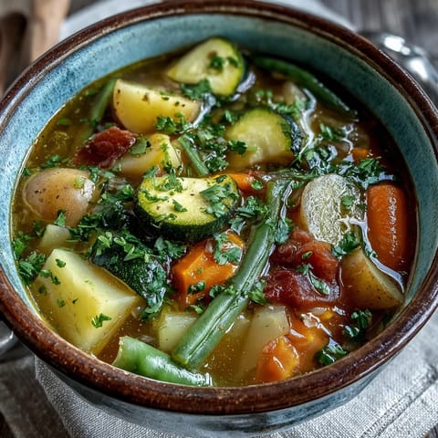 Hearty Potato and Vegetable Soup simmering in a pot, showcasing colorful chunks of zucchini, celery, and green beans in a savory vegetable broth.