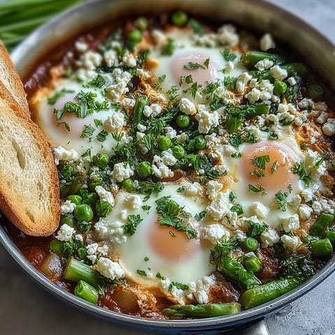 Pea and Broad Bean Shakshuka simmering in a deep skillet, with soft eggs nestled among bright green peas and tender asparagus spears.
