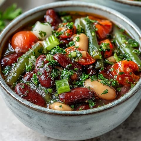 Hearty Three-Bean Salad Soup simmering with colorful vegetables like red onion and celery, ready to be served hot.  