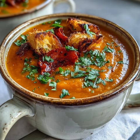 A close-up of roasted vegetable soup in a white bowl, garnished with fresh parsley, croutons, and a drizzle of olive oil.  