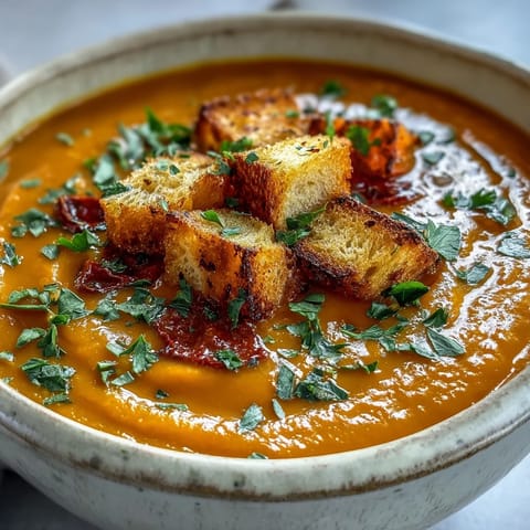 Roasted vegetable soup in a rustic mug on a wooden table, steam rising from the velvety red-orange broth.  