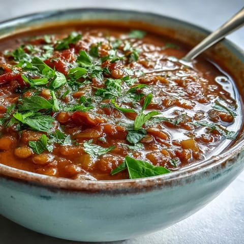 Vibrant red Tomato Lentil Soup simmering in a pot with steam rising, featuring tender lentils and diced carrots.