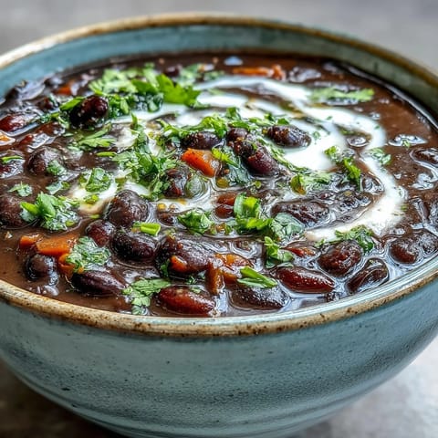 A bowl of creamy Black Bean Soup garnished with fresh cilantro, diced avocado, and lime wedges, served alongside warm tortilla chips for dipping.
