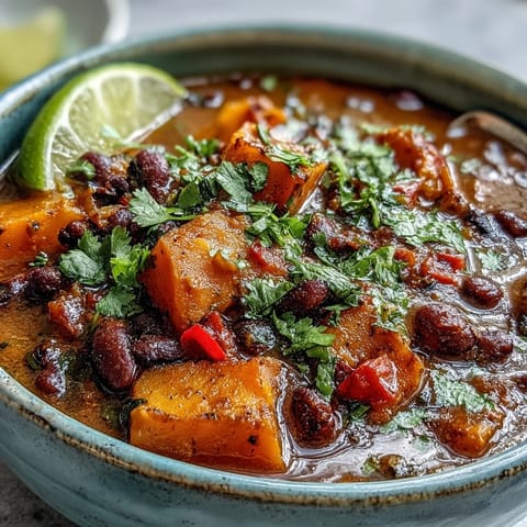 A steaming bowl of Sweet Potato and Black Bean Soup garnished with fresh cilantro, lime wedges, and creamy avocado slices.
