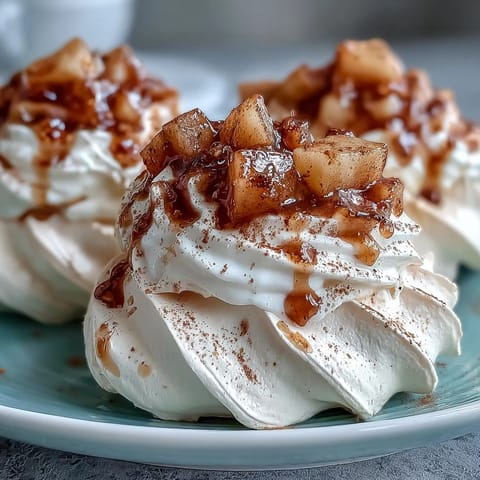 Golden Mini Hot Toddy Pavlovas crowned with spiced poached pears and whipped cream are ready to serve.