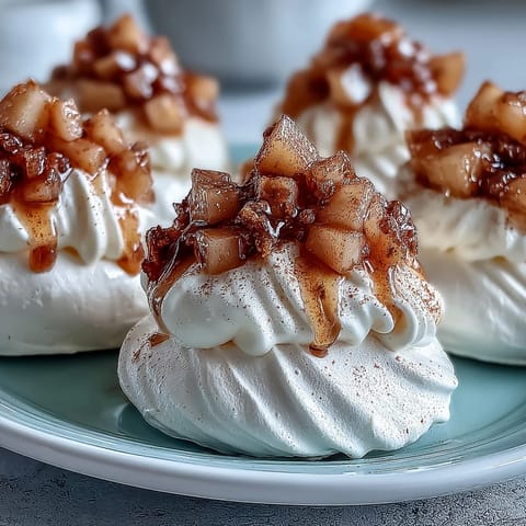 Eight crisp Mini Hot Toddy Pavlovas topped with whipped cream and bourbon-soaked pears on a rustic plate.