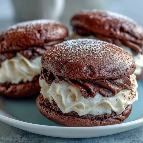 Tiramisu Whoopie Pies, chocolate cookie halves with rich coffee mascarpone cream filling dusted in cocoa powder.