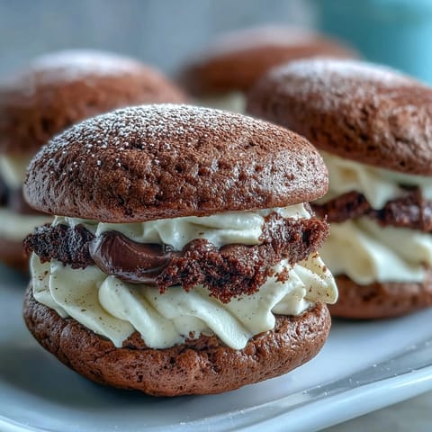 Tiramisu Whoopie Pies, two soft chocolate cookies sandwiching a fluffy espresso cream, ideal for coffee breaks.