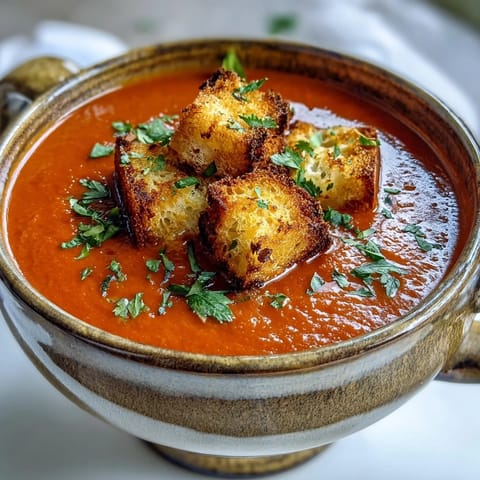 Roasted Red Pepper Soup with Crispy Croutons garnished with fresh herbs in a rustic bowl.