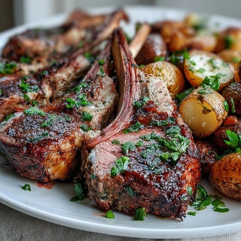A close-up of the One-Pan Roast Rack of Lamb and Green Olive Potatoes, with juicy, herb-crusted lamb chops sliced and served next to golden roasted potatoes tossed with green olives and fresh parsley.