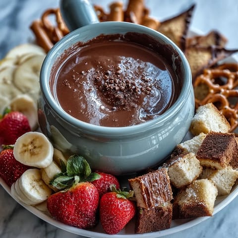 Boozy Chocolate Fondue bubbling warmly in a ceramic pot, surrounded by fresh strawberries, apple wedges, and marshmallows for dipping.