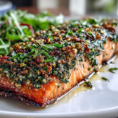 Freshly confit salmon with tahini, pistachio, and herb crust rests on a plate, ready to serve with lemon wedges.