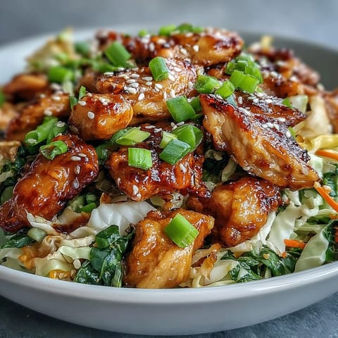 Perfect for a quick weeknight dinner, this deconstructed egg roll bowl is garnished with fresh green onions and a sprinkle of sesame seeds.  