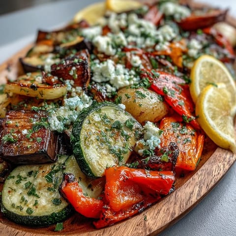Roasted Mediterranean Greek Vegetables served warm on a platter, garnished with crumbled feta, Kalamata olives, and fresh parsley.