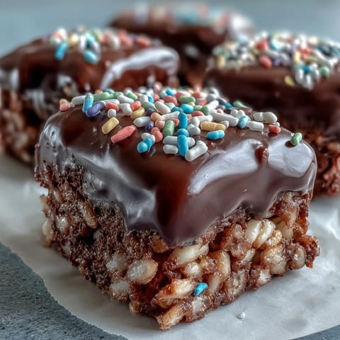 Golden squares of Chocolate Covered Rice Krispy Treats rest on a wire rack, with gooey marshmallow edges and glossy melted chocolate drizzled over crunchy cereal.