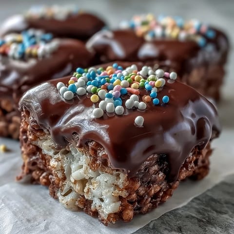 A close-up shows one cut bar of Chocolate Covered Rice Krispy Treats, revealing a thick chocolate topping with rainbow sprinkles and a fluffy, marshmallow center.