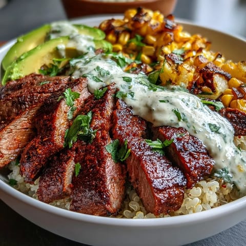 Sliced flank steak, charred roasted corn, and creamy avocado fill a bowl with cilantro cream sauce, lime wedges, and crumbled Cotija cheese for a colorful, Tex-Mex-inspired dinner.