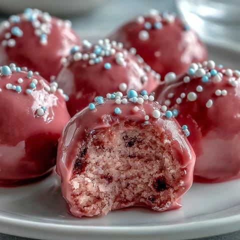 Sweet pink glazed Oreo truffle balls garnished with edible pearls on a cooling rack.  