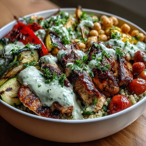 Juicy grilled chicken and charred Mediterranean vegetables rest on fluffy quinoa, topped with creamy tzatziki and crumbled feta.