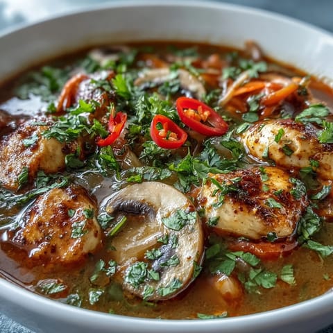 Steaming Thai Coconut Curry Soup Bowl brimming with tender chicken, mushrooms, and vibrant carrots in a rich coconut broth.