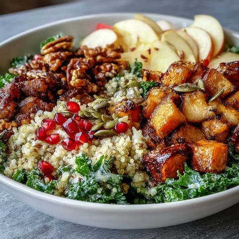 A vibrant Kale Harvest Grain Bowl features massaged kale, quinoa, roasted sweet potatoes, crisp apple, juicy pomegranate seeds, and crunchy pepitas on a white plate.
