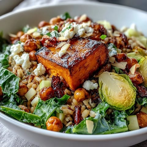 Vibrant Fall Harvest Bowl with roasted sweet potatoes, kale, and crispy chickpeas, topped with feta and almonds.