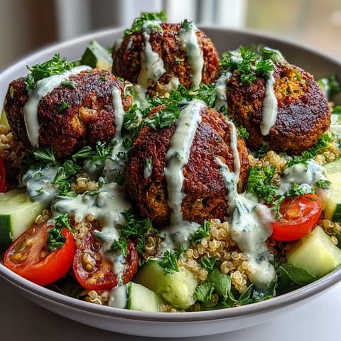 Colorful cherry tomatoes and fresh green onions garnish this hearty Falafel Quinoa Salad Bowl, featuring golden-brown falafel nestled on a bed of fluffy quinoa. The creamy garlic tahini sauce drizzled over the top makes it a perfect, healthy lunch or dinner.