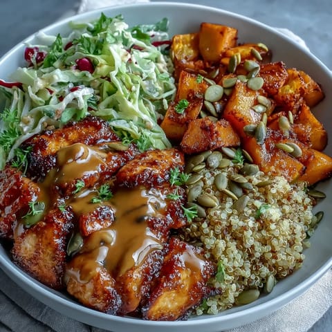 Vibrant Hot Honey Chicken Bowl with golden roasted sweet potatoes and fluffy quinoa, finished with a tangy drizzle.