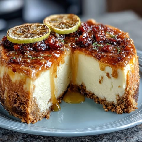 Creamy lemon cheesecake with a buttery graham cracker crust, served in cute jars with fresh berries on top.