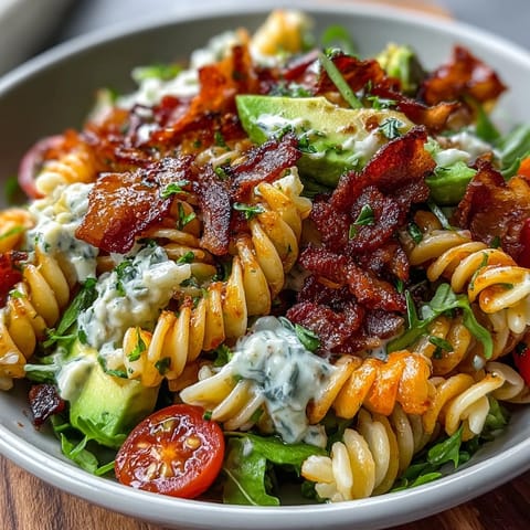 Creamy BLT Pasta Salad with Bacon and Avocado in a rustic bowl, garnished with fresh herbs and crispy bacon bits.